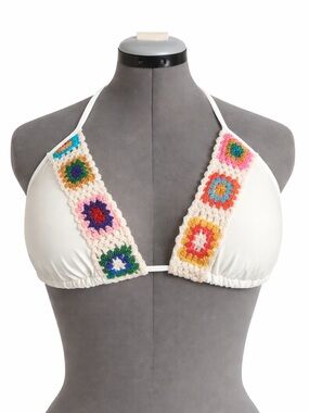 Boho Crochet Trim Bikini Top XL White Halter Granny Square Swim